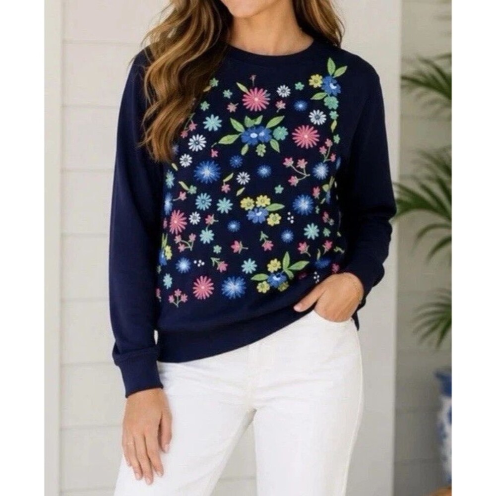 LILLY PULITZER Rami Cotton Sweatshirt True Navy FLORAL EMBROIDERY Size XL